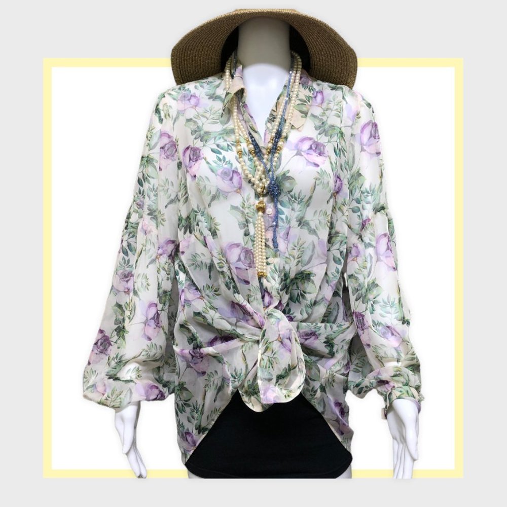 INC International Concepts Floral Button-Up Blouse in White and Lavender
